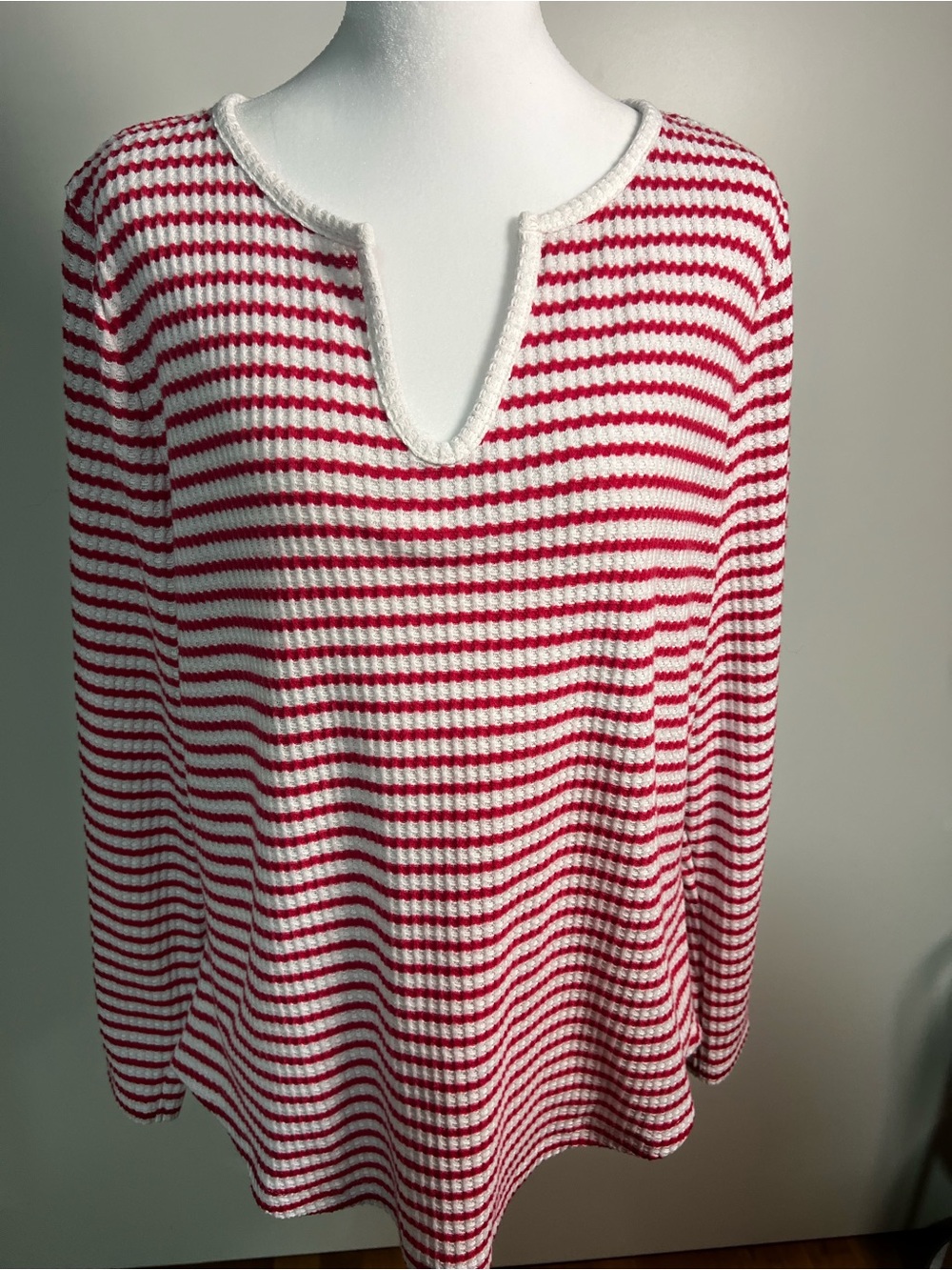 LOFT Red & White Striped V-Notch Knit Sweater